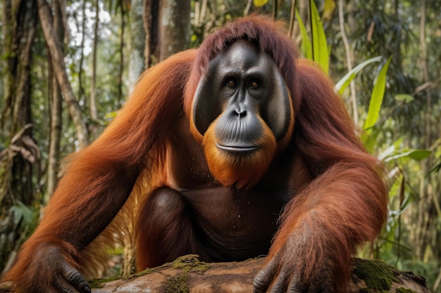 A orangutan in the jungle with trees in the background