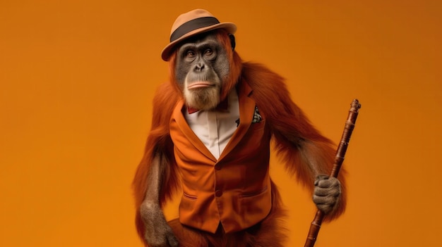 Photo orangutan monkey with a walking cane and a bowtie on orange color background generative ai