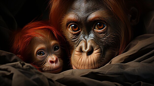 Photo orangutan mother cares for her baby photo