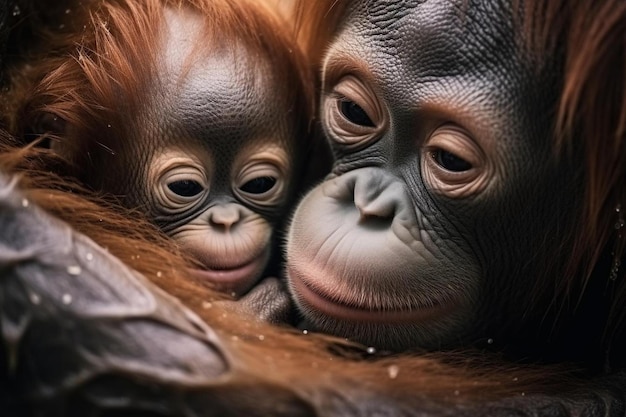 Photo orangutan mother and her baby in the zoo orangutan or mawas pongo is a type of great ape with long