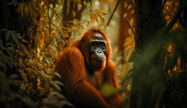 Орангутан в заповедной зоне тропических лесов Борнео, эндемичные приматы, генеративный искусственный интеллект