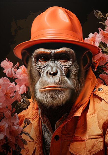 an orangutan wearing an orange hat and a orange hat