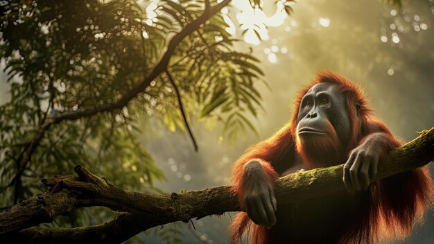 Foto gli orangotan si trovavano in cima agli alberi della foresta pluviale tropicale, l'esuberanza del loro habitat.