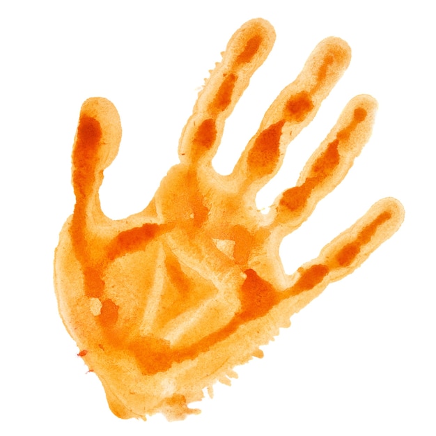 Oranje aquarel handafdruk geïsoleerd op een witte achtergrond, raster illustratie