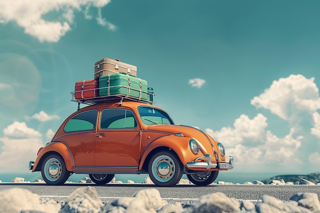 oranje auto met bagage klaar voor zomervakantie