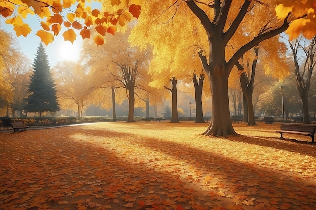 Oranje bladeren vallen in het park zonnige herfst natuurlijke achtergrond