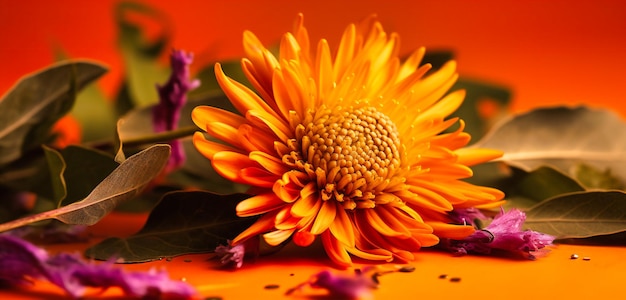 Oranje bloem en bladeren op gele achtergrond