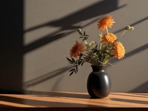 Oranje bloemen in een glazen vaas op tafel tegen een donkere achtergrond gegenereerd door AI