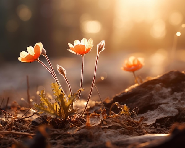 oranje bloemen in het bos bij zonsondergang