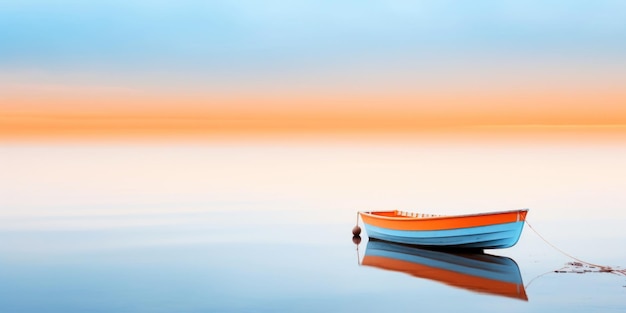 Oranje boot in een rustige zee in de buurt van een strandlijn Rustige rustige landschap Generatieve AI