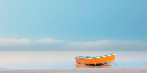 Oranje boot in een rustige zee in de buurt van een strandlijn Rustige rustige landschap Generatieve AI