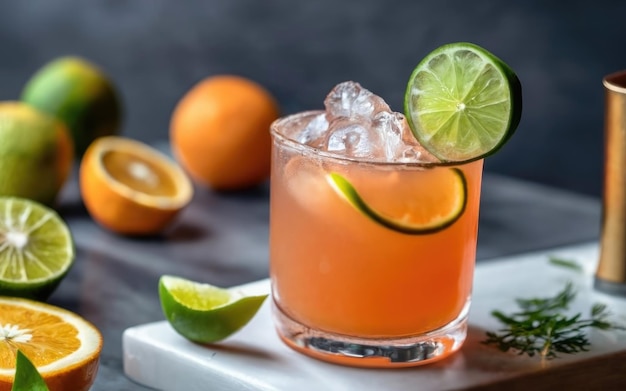 Oranje cocktail met een plakje limoen.