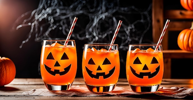 Oranje drankjes met pompoen tekeningen op een houten tafel met halloween decoratie op de achtergrond