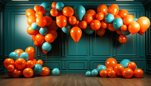 Oranje en blauwe ballonkunst feestzaal