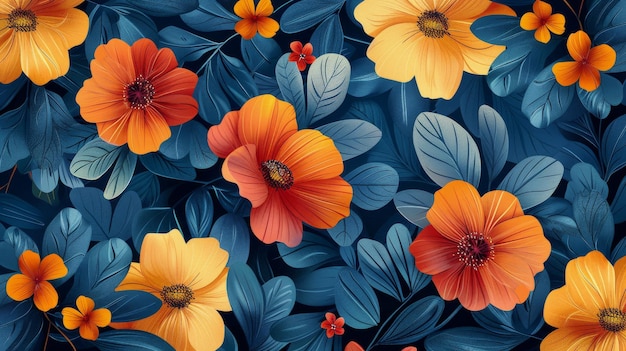 Oranje en blauwe bloemen op blauwe achtergrond