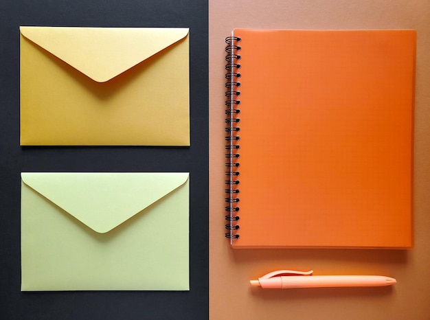 Oranje en gele enveloppen, oranje notitieboekje op zwarte en oranje achtergrond, bovenaanzicht.