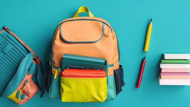 Oranje en gele rugzak met schoolapparatuur op groene achtergrond terug naar schoolconcept