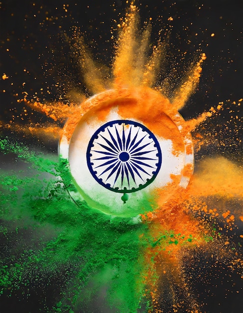 Foto oranje en groen kleur poeder splash met ashoka wiel concept voor india onafhankelijkheidsdag