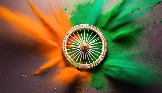 Foto oranje en groen kleur poeder splash met ashoka wiel concept voor india onafhankelijkheidsdag