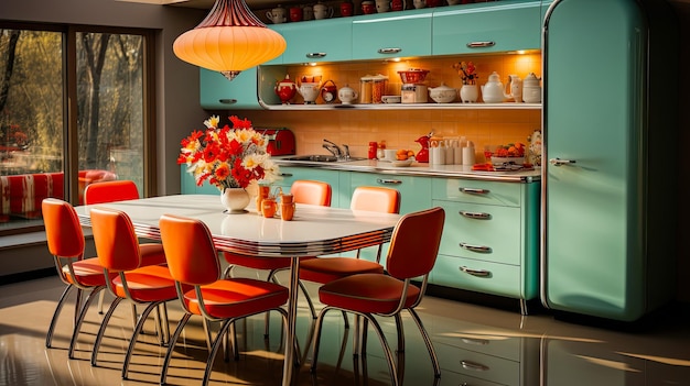 Oranje en groene tinten in het interieur van een keuken in de stijl van het retro interieur uit de jaren 60