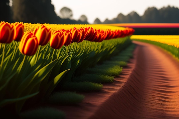 Oranje en paarse tulpen in het tuinbehang