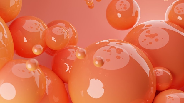 Oranje en rood palet abstracte 3D render van dynamische abstracte glanzende bollen achtergrond voor mockups, plat lag ontwerpen en sjablonen met kopie ruimte voor tekst. Dynamisch behang met ballen of deeltjes