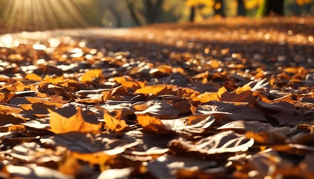 Foto oranje esdoornbladeren op de grond met een bokeh-effect intreepupil achtergrond