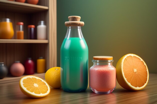 Oranje fruit en flessen met kleurrijke dranken op de tafel zien er erg lekker uit.