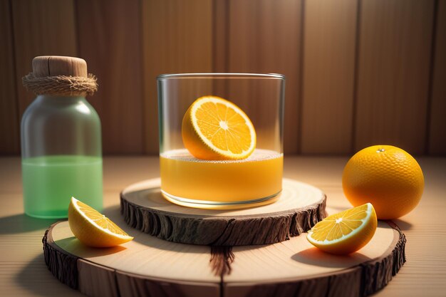 Oranje fruit en flessen met kleurrijke dranken op de tafel zien er erg lekker uit.