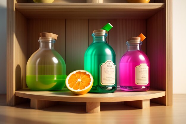 Oranje fruit en flessen met kleurrijke dranken op de tafel zien er erg lekker uit.