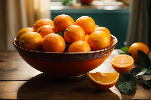 Oranje fruit met bladeren op een houten tafel Rijpe mandarijnen op een marktkraam close-up
