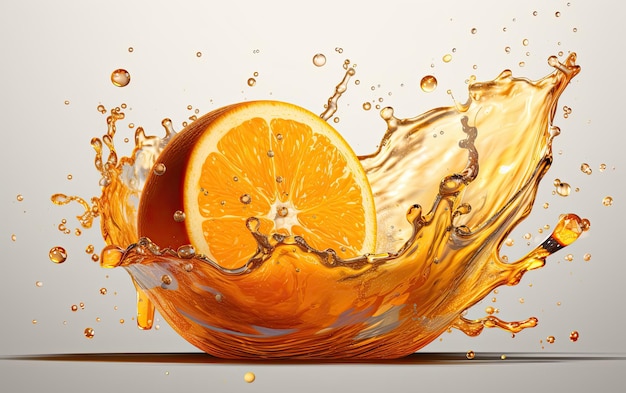 Oranje fruit spatten in het water bevroren in de tijd waterdruppels en fruit spatten in lucht geïsoleerd op de achtergrond