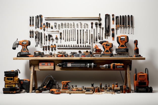 Oranje gereedschapskist met gereedschappen en instrumenten op beige achtergrond 3D-illustratie