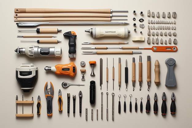 Oranje gereedschapskist met gereedschappen en instrumenten op beige achtergrond 3D-illustratie