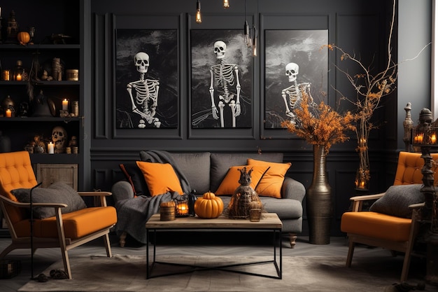 Oranje getinte woonkamer interieur met Halloween decoraties Achtergrond voor Halloween