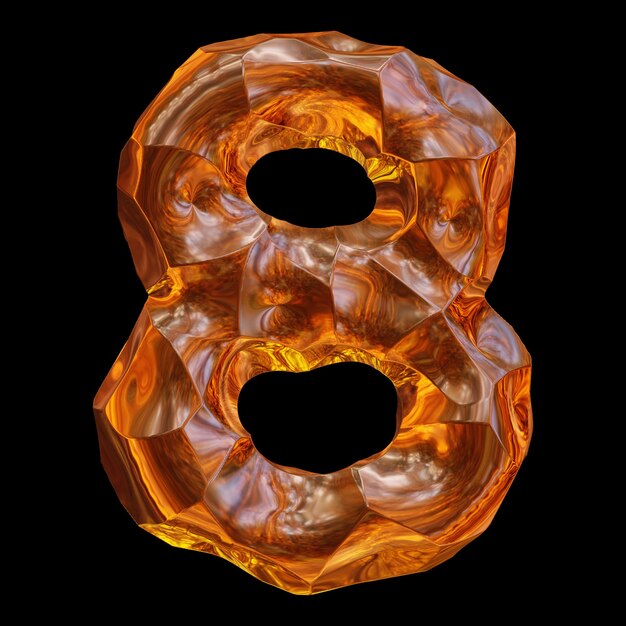 Oranje glanzend kristalglas nummer 8 in 3D-rendering voor wiskunde en onderwijsconcept