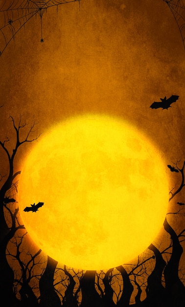 Oranje halloween achtergrond met volle maan en vleermuis