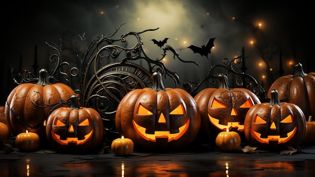 oranje halloween banner met pompoen spinnekop en vleermuizen prachtig gemaakt met Generative AI