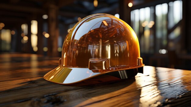 Oranje hardhat op een houten tafel met een onfocus achtergrond