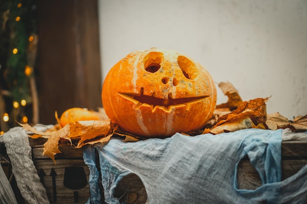 Oranje heldere halloween-pompoen met gesneden neusmond en ogen op houten kist met gaas als web naast herfstbladeren