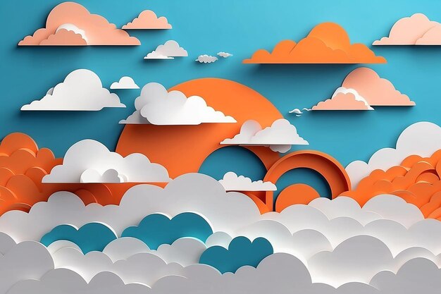 Oranje hemel met couds Papier gesneden achtergrond Trendy 3D-ontwerp stock illustratie