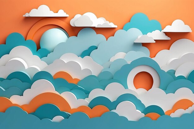 Oranje hemel met couds Papier gesneden achtergrond Trendy 3D-ontwerp stock illustratie