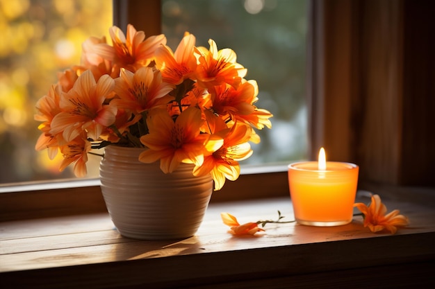 Oranje herfstbloemen in een vaas en een aangestoken kaars op een houten rustieke achtergrond