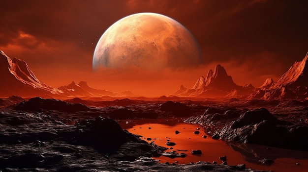 Foto oranje horizon prachtig landschap op het maanoppervlak