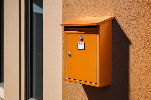 Oranje houten brievenbus in een woninggebouw buiten Moderne genummerde brievenbussen buiten