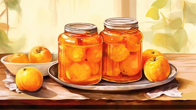 Oranje jam appels en een glazen pot met compote op een houten tafel Waterverf achtergrond