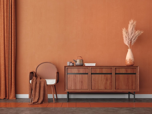 Oranje kamer met stoel tafel pampa's en oranje muur achtergrond