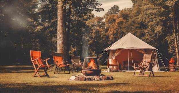 Oranje kampeerstoel en een oranje kampvuur in het kamp