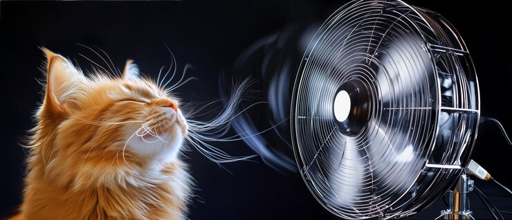 Oranje kat die geniet van een briesje van een draaiende ventilator met snorharen die tegen een donkere achtergrond stromen