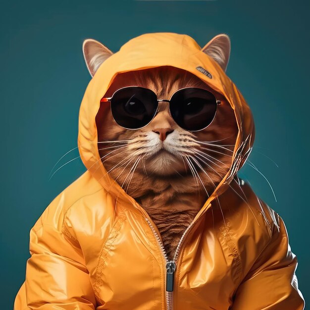 Foto oranje kat met zonnebril en denimjas.